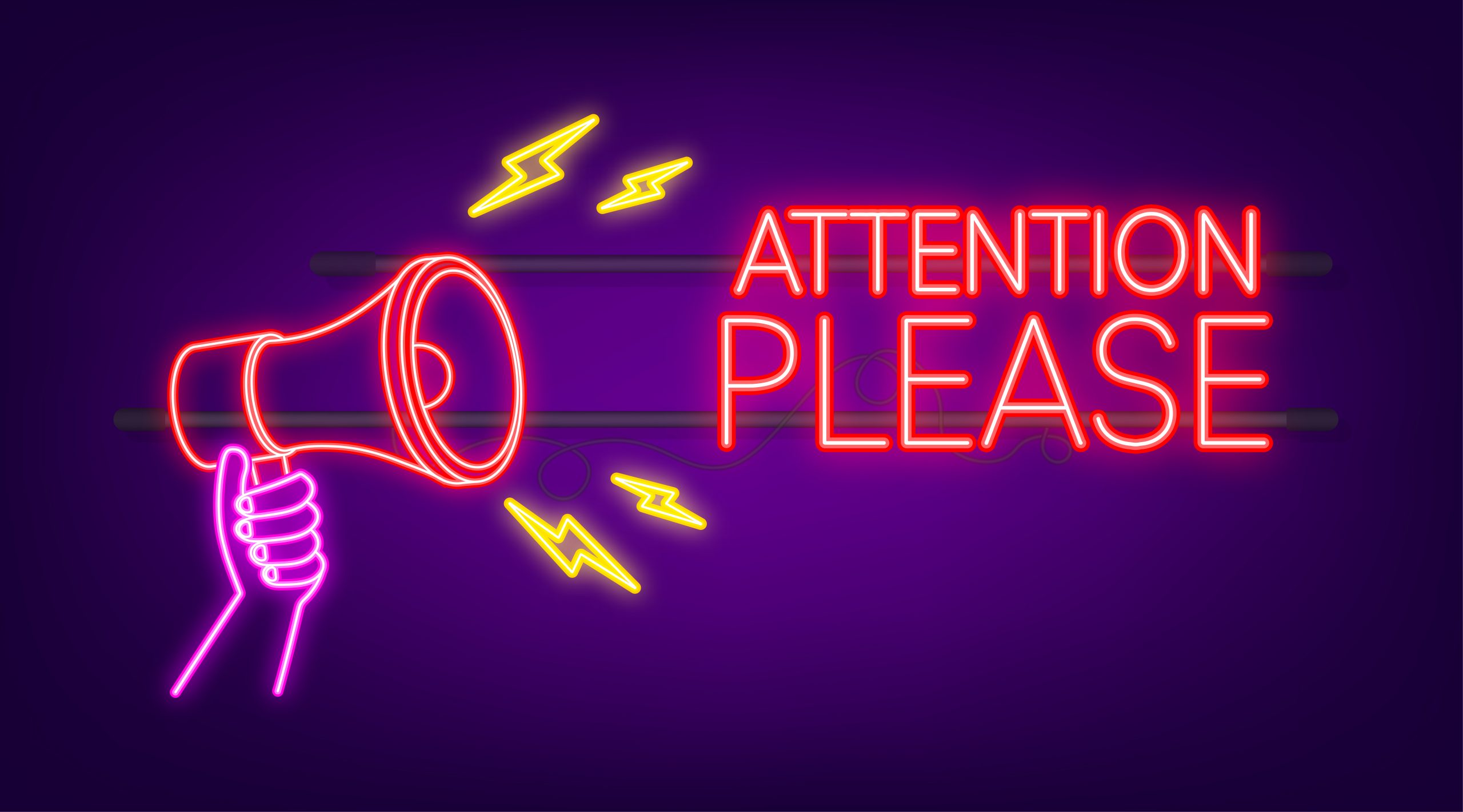 Banner with Attention please. Red Attention please sign neon icon. Exclamation danger sign.